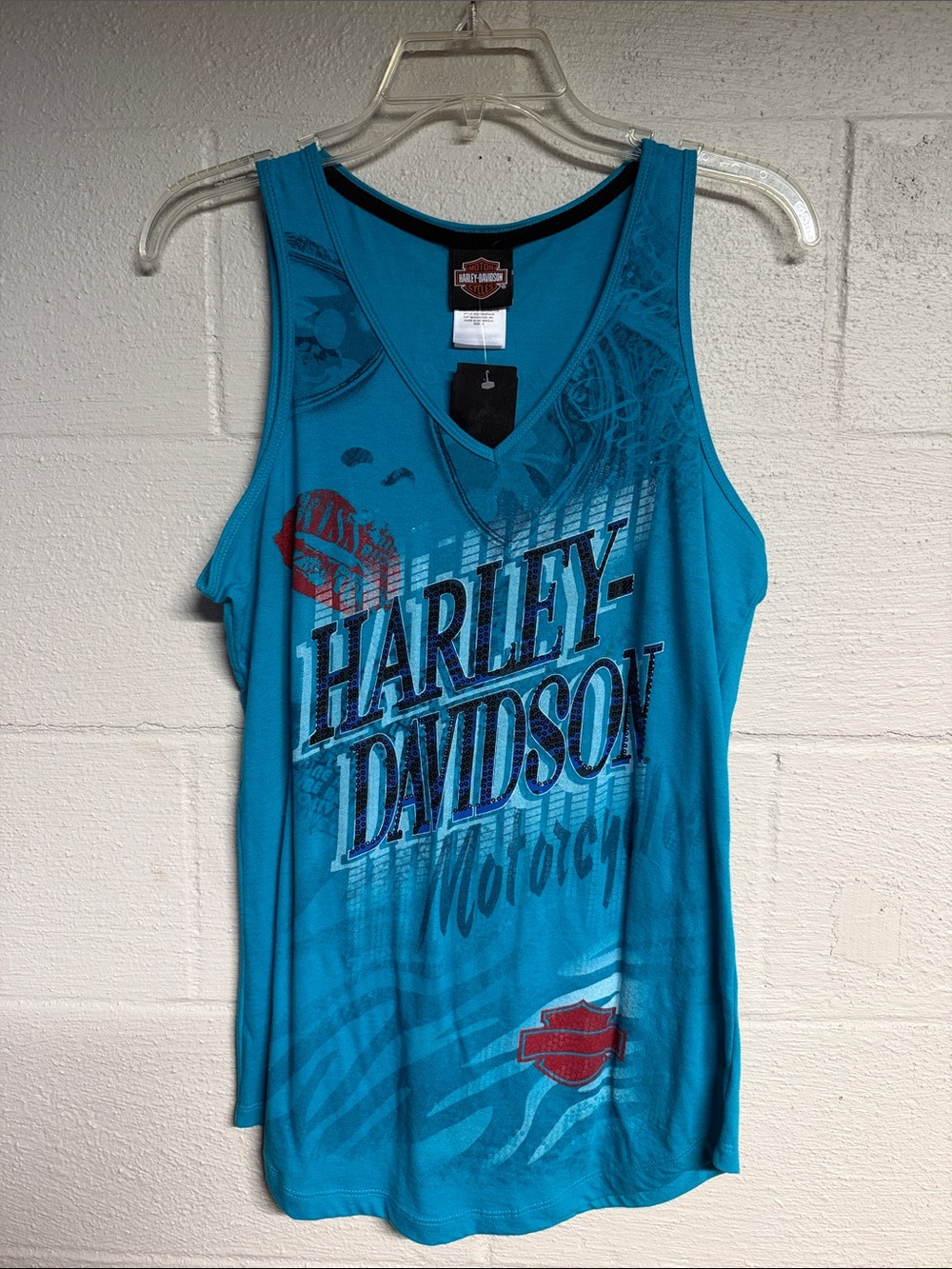 Harley-Davidson Women's Teal Graphic Swim Tank with Red Accents